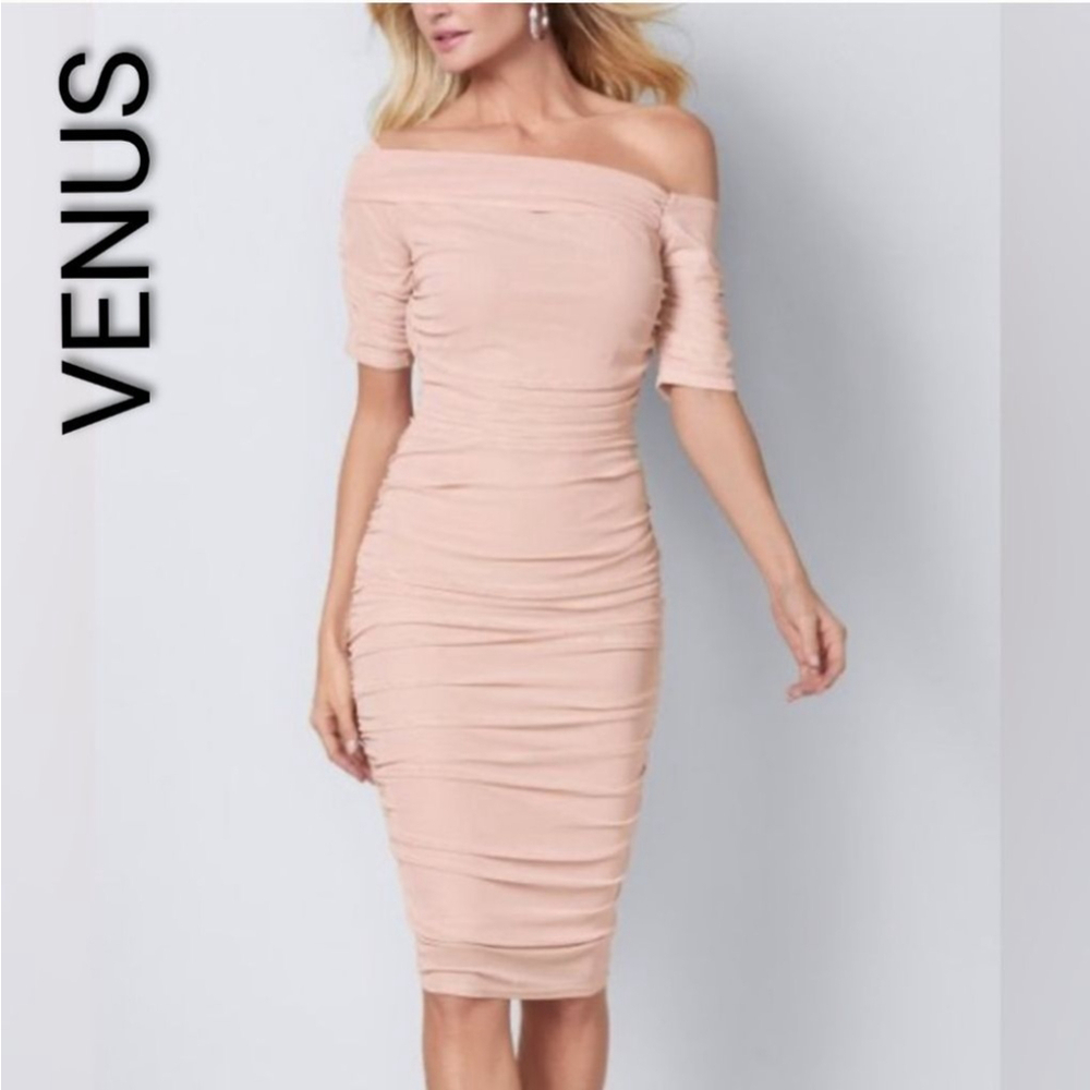 Women's Venus Peach One Shoulder Ruched Dress S off shoulder sheer pink